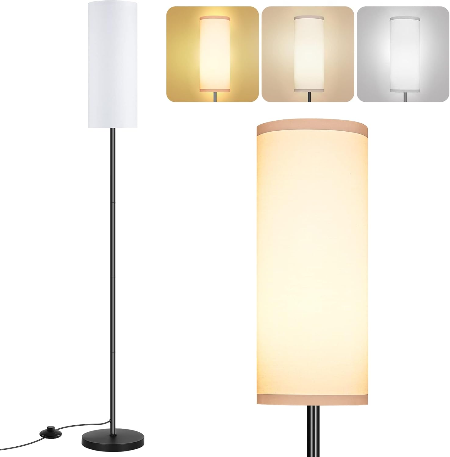 DwellGlow: Boho Floor Lamp for Living Room with 3 Color Temperatures LED Bulb, Standing Lamp Tall Lamp Reading for Bedroom, Office, Kids Room (9W LED Bulb, Rattan & Fabric Shades Included)
