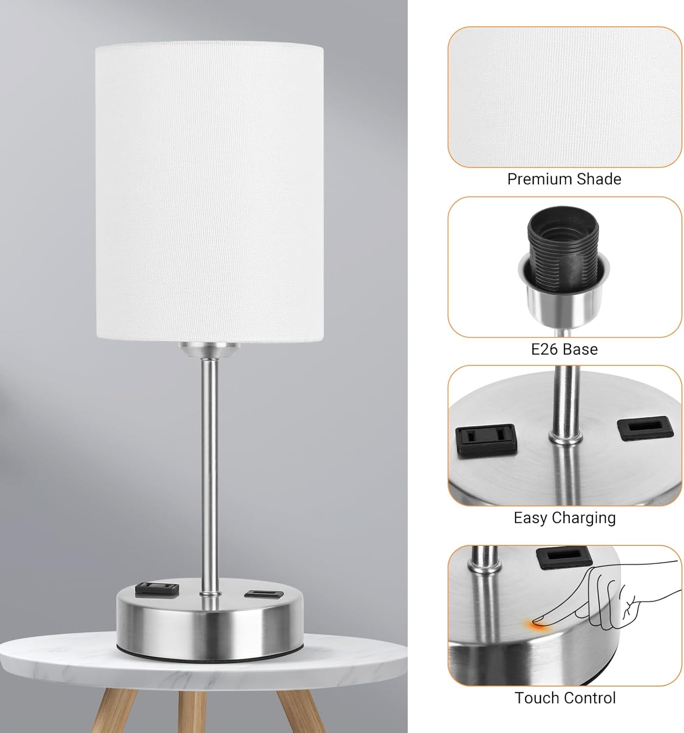 DwellGlow: Touch Table Lamps for Bedroom Set of 2, Bedside Nightstand Lamps with USB Port and Power Outlet, 3 Way Dimmable White Lamp for Living Room Nursery Room, Warm White Bulbs Included
