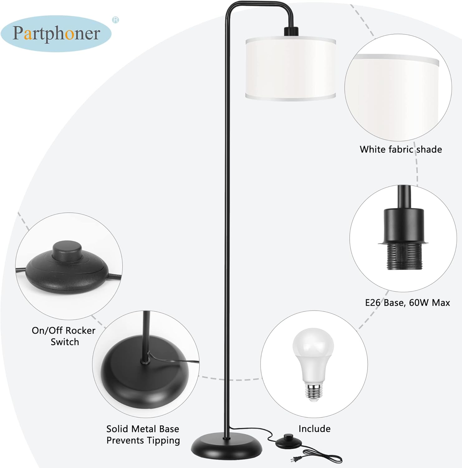 DwellGlow: LED Floor Lamp for Living Room, 3 Color Temperature, with Foot Switch, 9W Bulb Included, Oil Rubbed Bronze