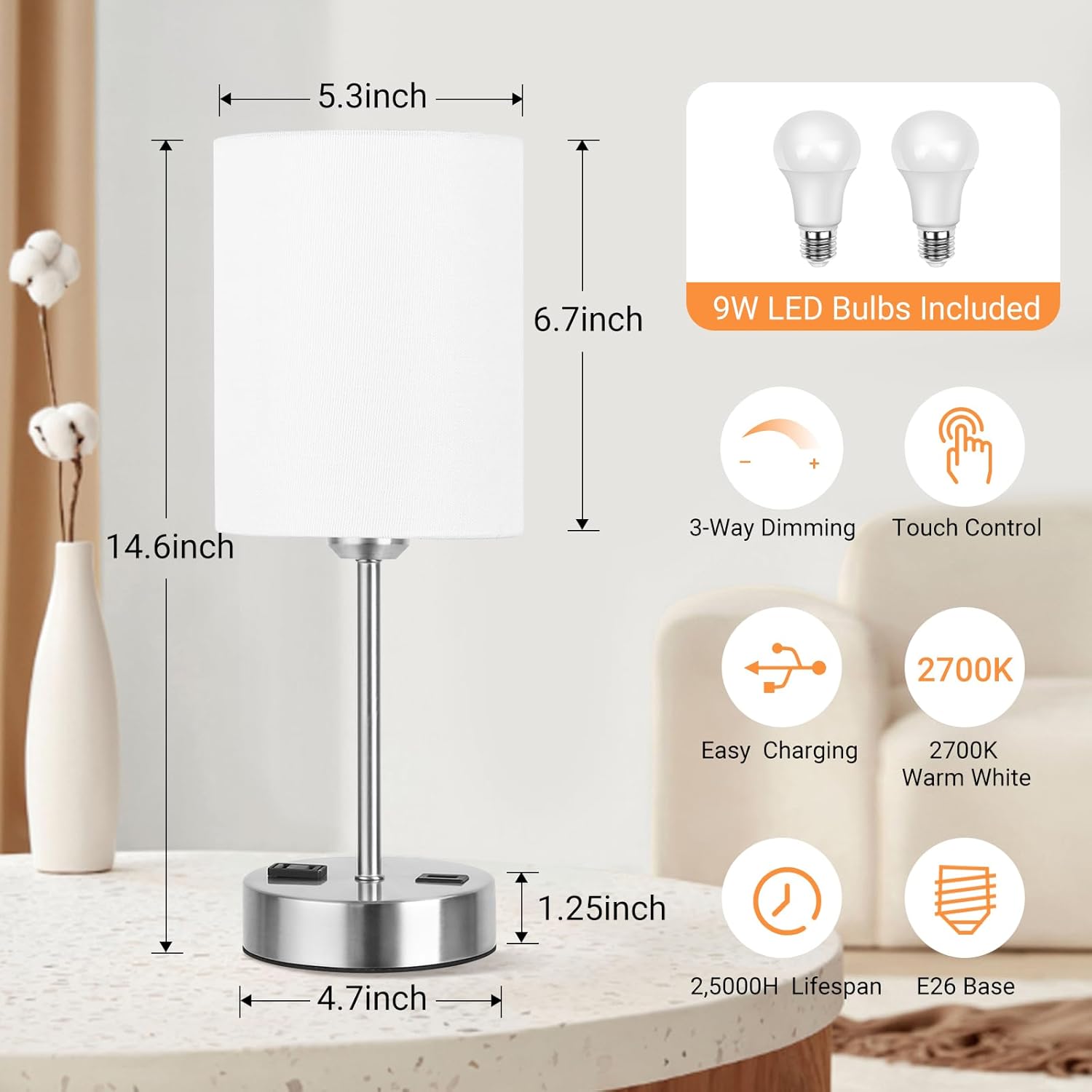 DwellGlow: Touch Table Lamps for Bedroom Set of 2, Bedside Nightstand Lamps with USB Port and Power Outlet, 3 Way Dimmable White Lamp for Living Room Nursery Room, Warm White Bulbs Included