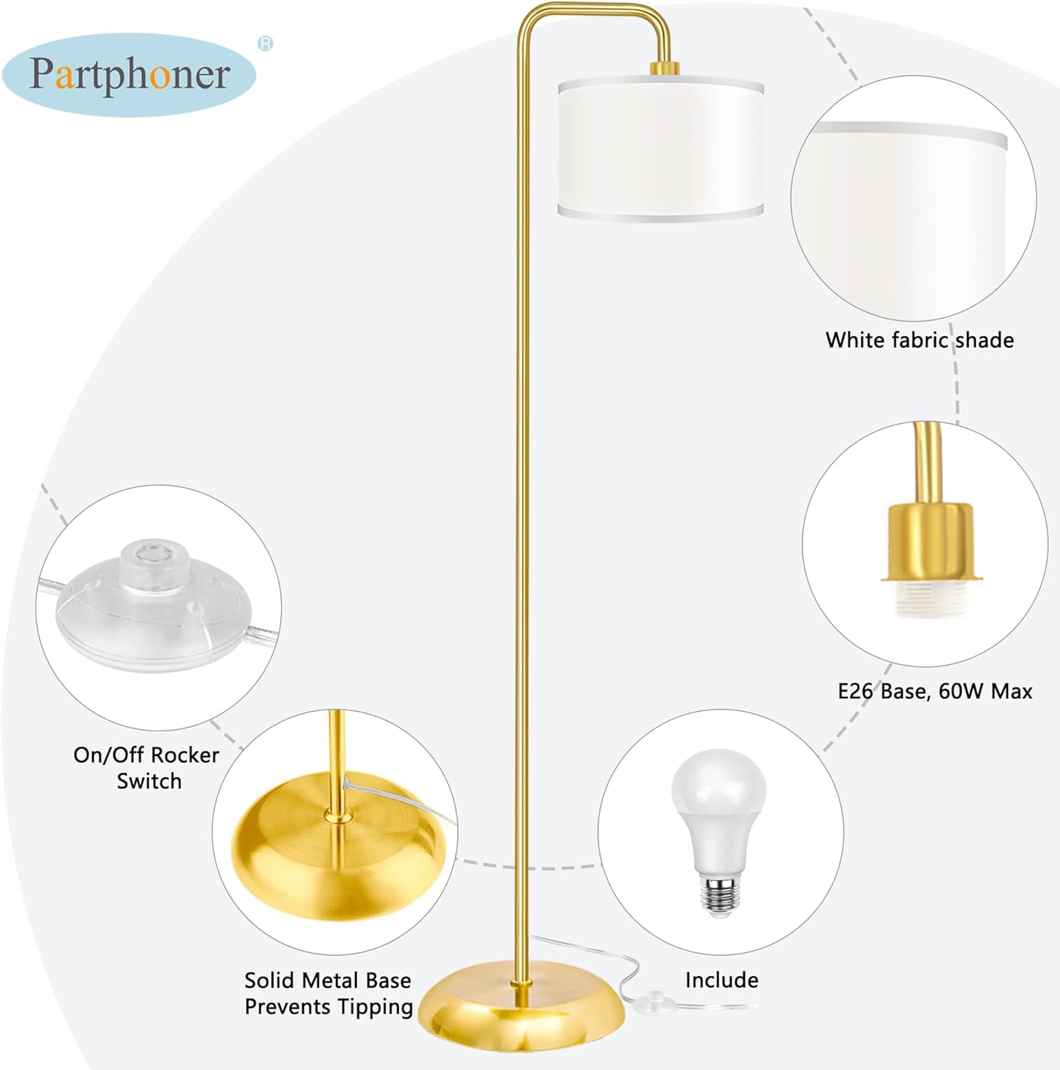 DwellGlow: LED Floor Lamp for Living Room, 3 Color Temperature, with Foot Switch, 9W Bulb Included, Oil Rubbed Bronze