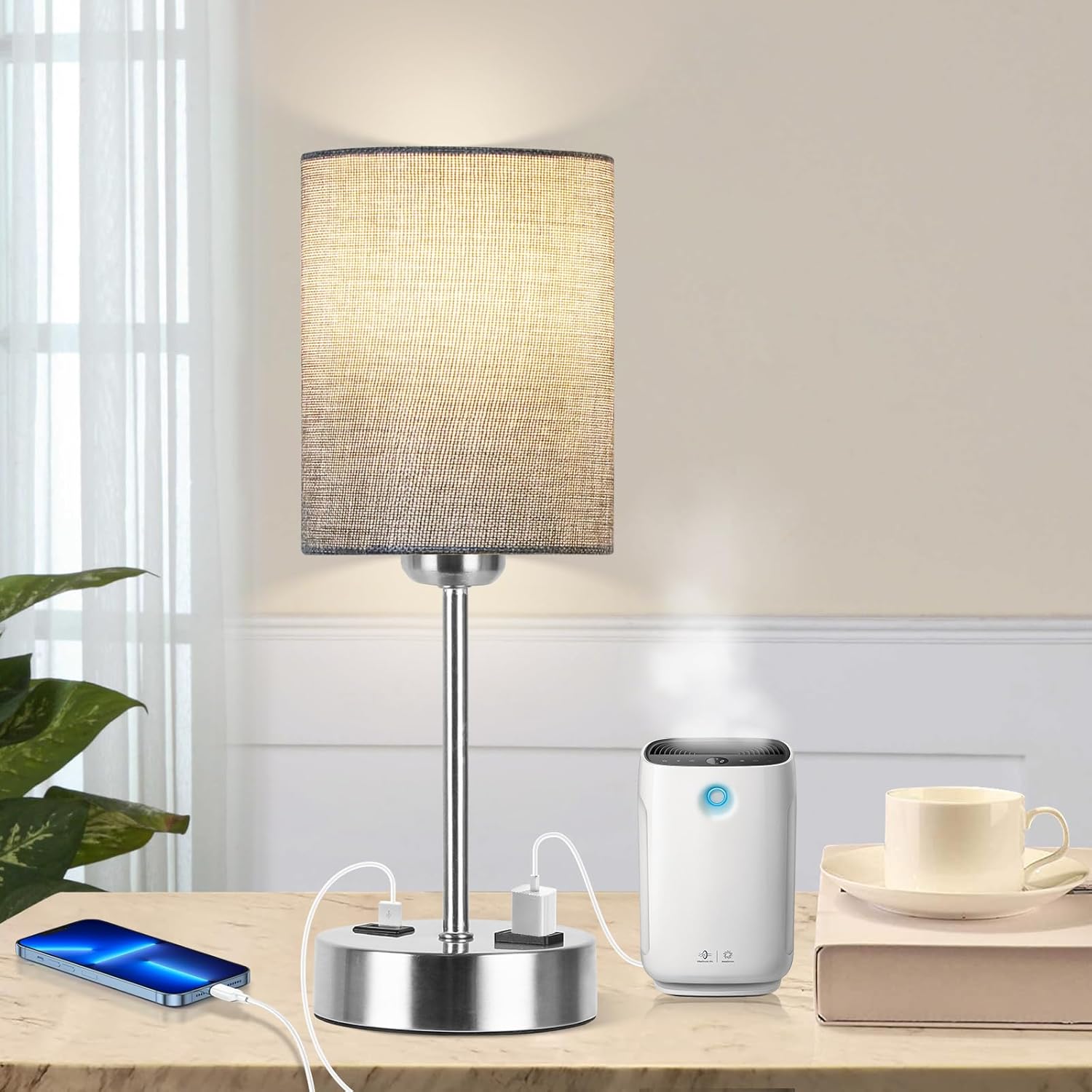 DwellGlow: Touch Table Lamps for Bedroom Set of 2, Bedside Nightstand Lamps with USB Port and Power Outlet, 3 Way Dimmable White Lamp for Living Room Nursery Room, Warm White Bulbs Included