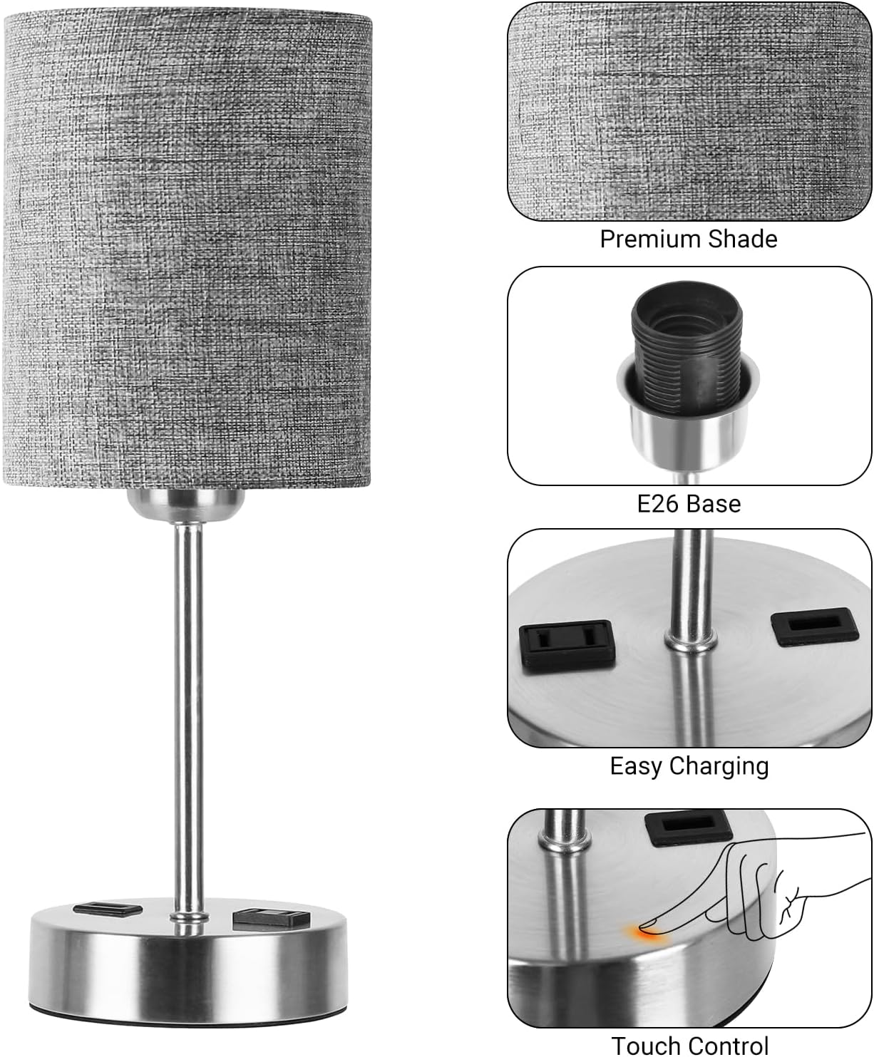 DwellGlow: Touch Table Lamps for Bedroom Set of 2, Bedside Nightstand Lamps with USB Port and Power Outlet, 3 Way Dimmable White Lamp for Living Room Nursery Room, Warm White Bulbs Included