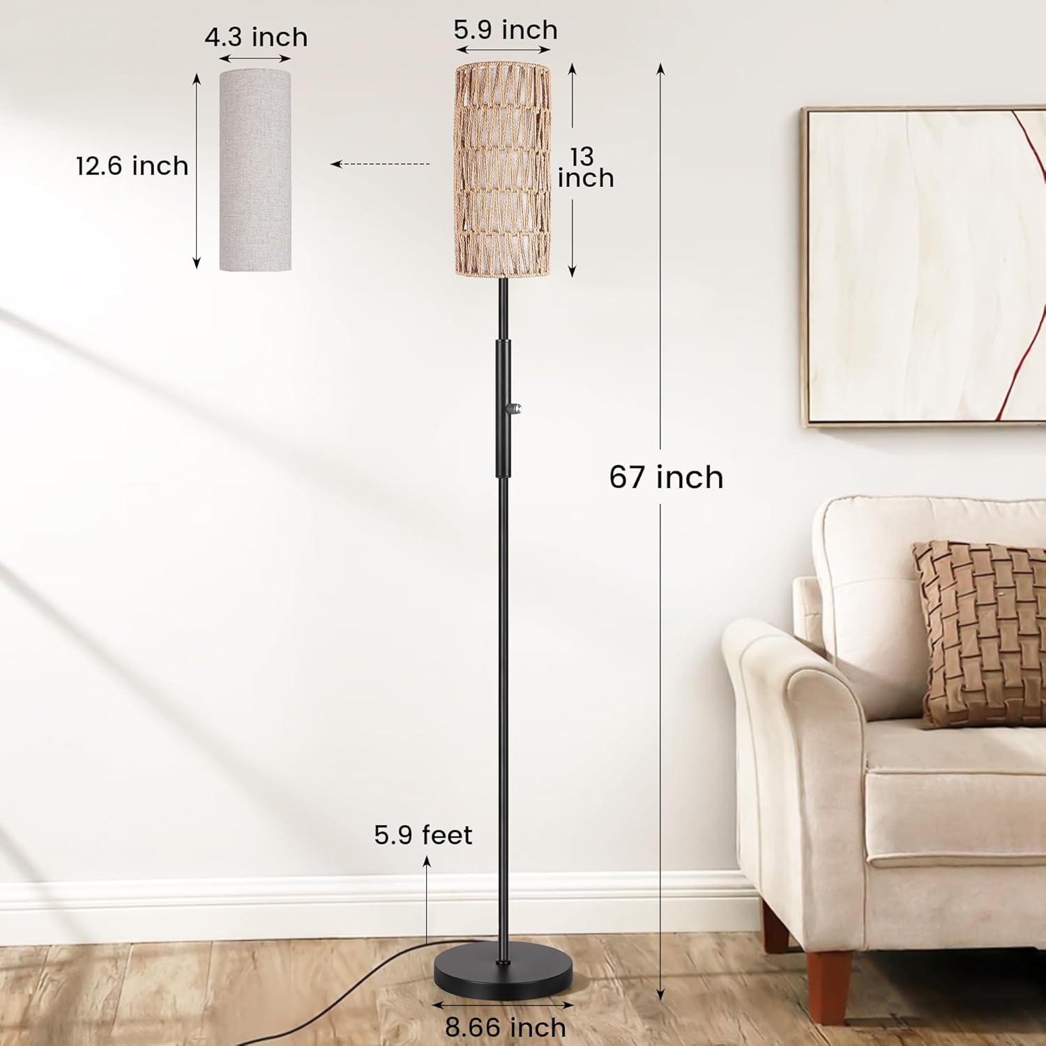 DwellGlow: Boho Floor Lamp for Living Room with 3 Color Temperatures LED Bulb, Standing Lamp Tall Lamp Reading for Bedroom, Office, Kids Room (9W LED Bulb, Rattan & Fabric Shades Included)