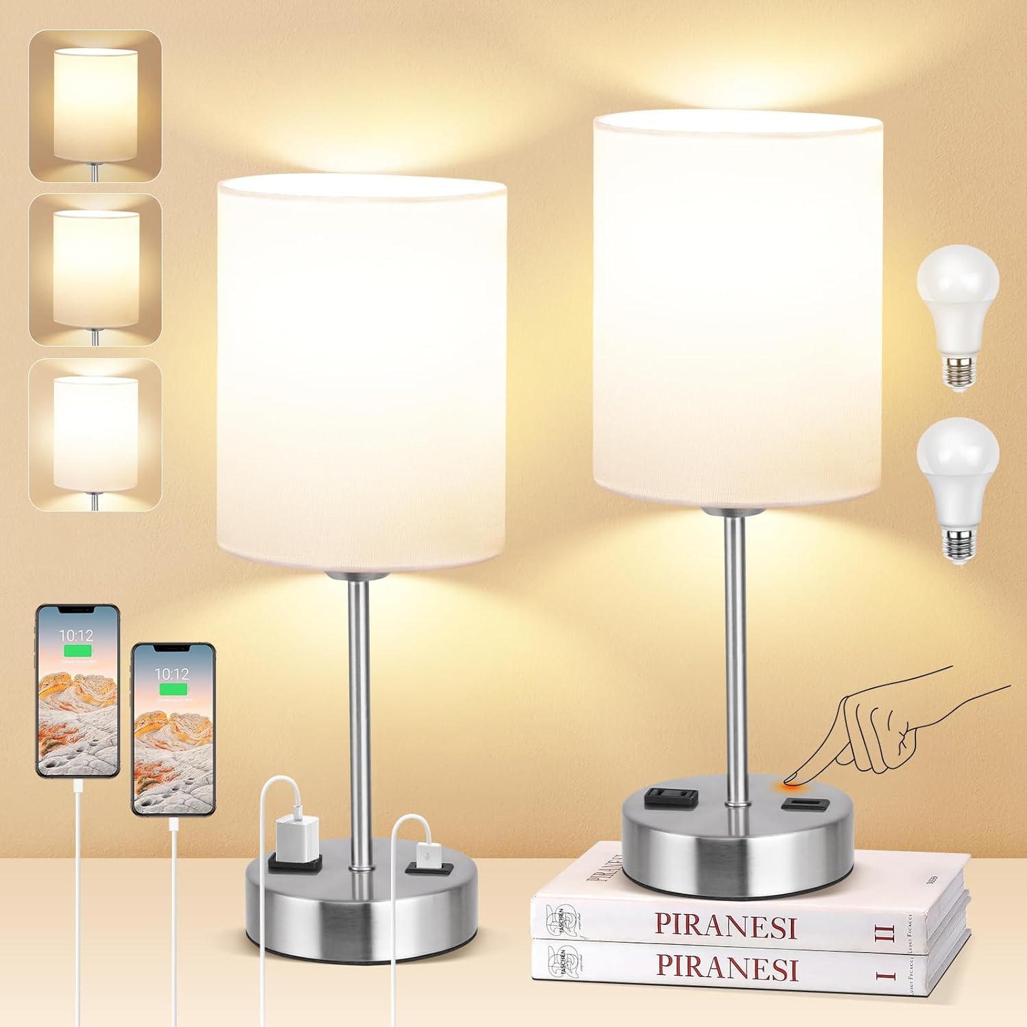 DwellGlow: Touch Table Lamps for Bedroom Set of 2, Bedside Nightstand Lamps with USB Port and Power Outlet, 3 Way Dimmable White Lamp for Living Room Nursery Room, Warm White Bulbs Included