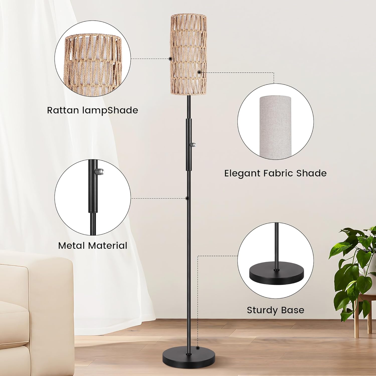 DwellGlow: Boho Floor Lamp for Living Room with 3 Color Temperatures LED Bulb, Standing Lamp Tall Lamp Reading for Bedroom, Office, Kids Room (9W LED Bulb, Rattan & Fabric Shades Included)