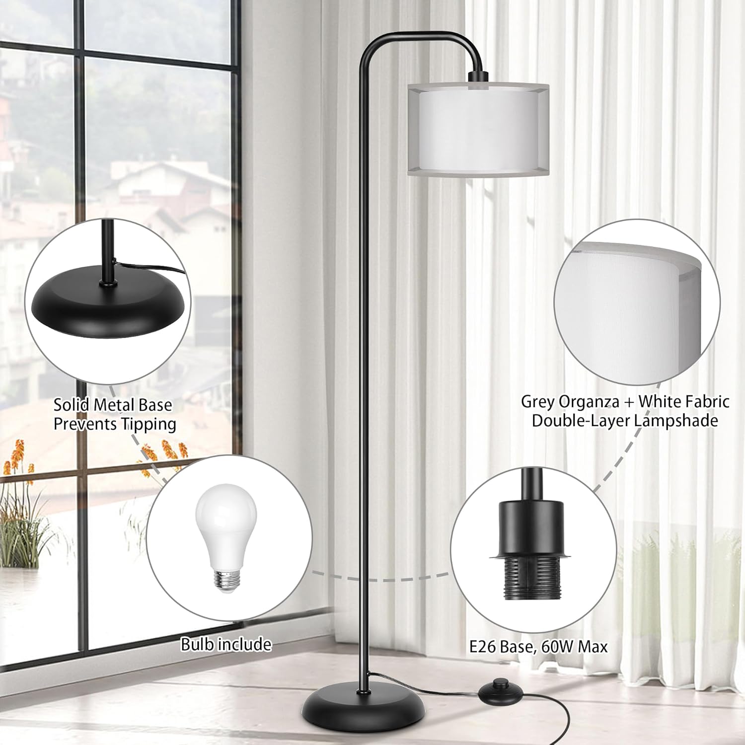 DwellGlow: LED Floor Lamp for Living Room, 3 Color Temperature, with Foot Switch, 9W Bulb Included, Oil Rubbed Bronze