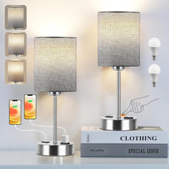 DwellGlow: Touch Table Lamps for Bedroom Set of 2, Bedside Nightstand Lamps with USB Port and Power Outlet, 3 Way Dimmable White Lamp for Living Room Nursery Room, Warm White Bulbs Included