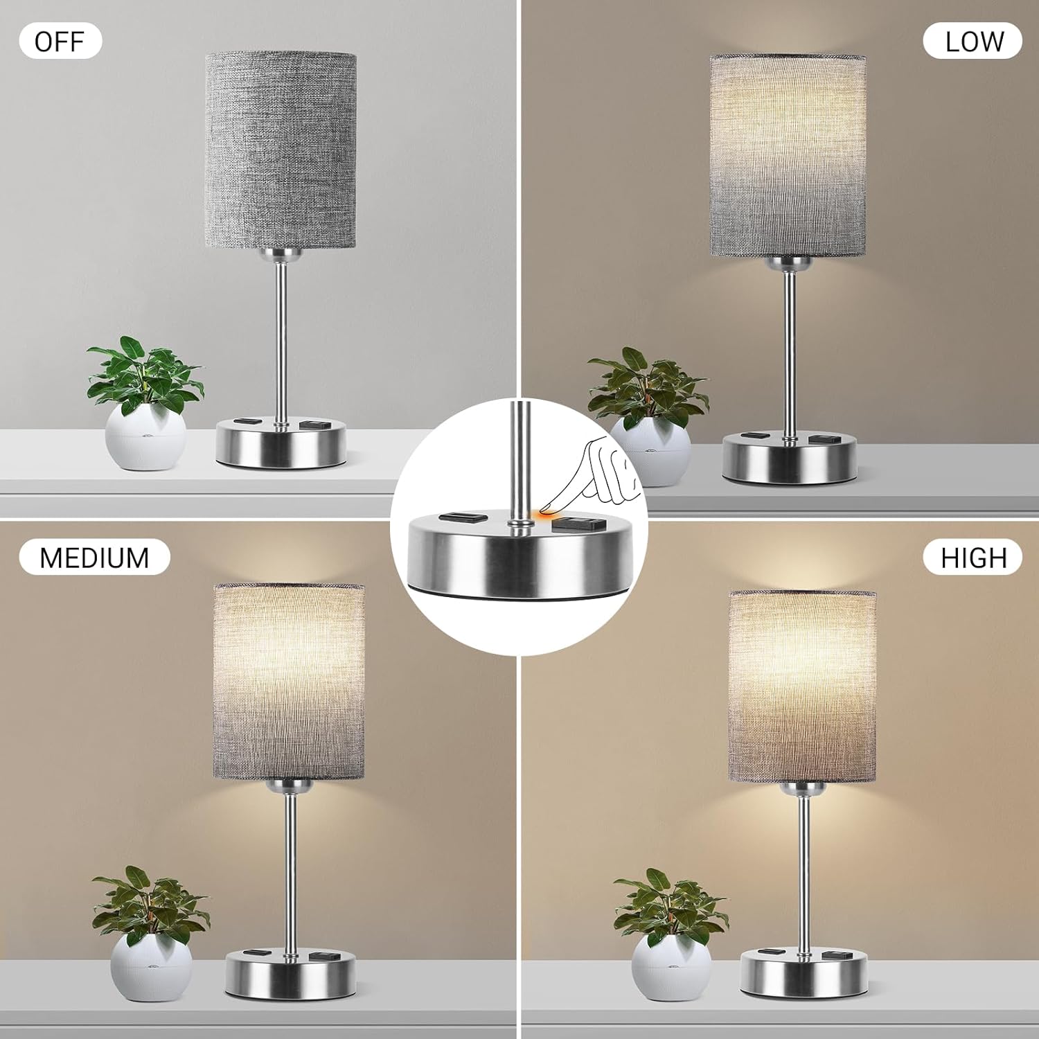DwellGlow: Touch Table Lamps for Bedroom Set of 2, Bedside Nightstand Lamps with USB Port and Power Outlet, 3 Way Dimmable White Lamp for Living Room Nursery Room, Warm White Bulbs Included