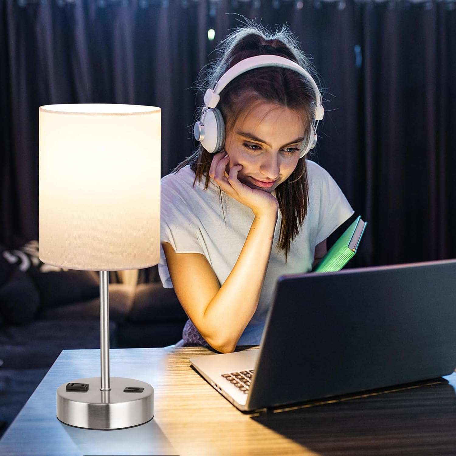 DwellGlow: Touch Table Lamps for Bedroom Set of 2, Bedside Nightstand Lamps with USB Port and Power Outlet, 3 Way Dimmable White Lamp for Living Room Nursery Room, Warm White Bulbs Included