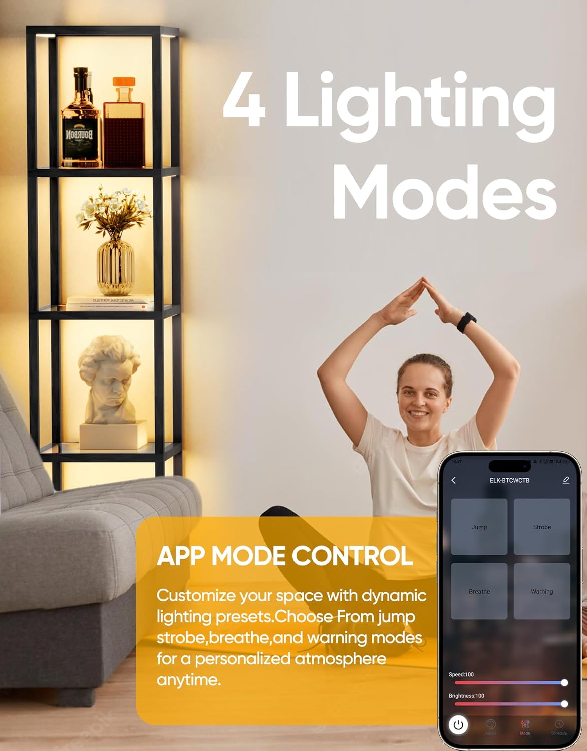 DwellGlow: Large Glass Display Shelf with Remote/APP Control, Dimmable LED Floor Lamp with Shelves, Open Display Cabinet, Color Temperature Control (2700K-6000K), Black