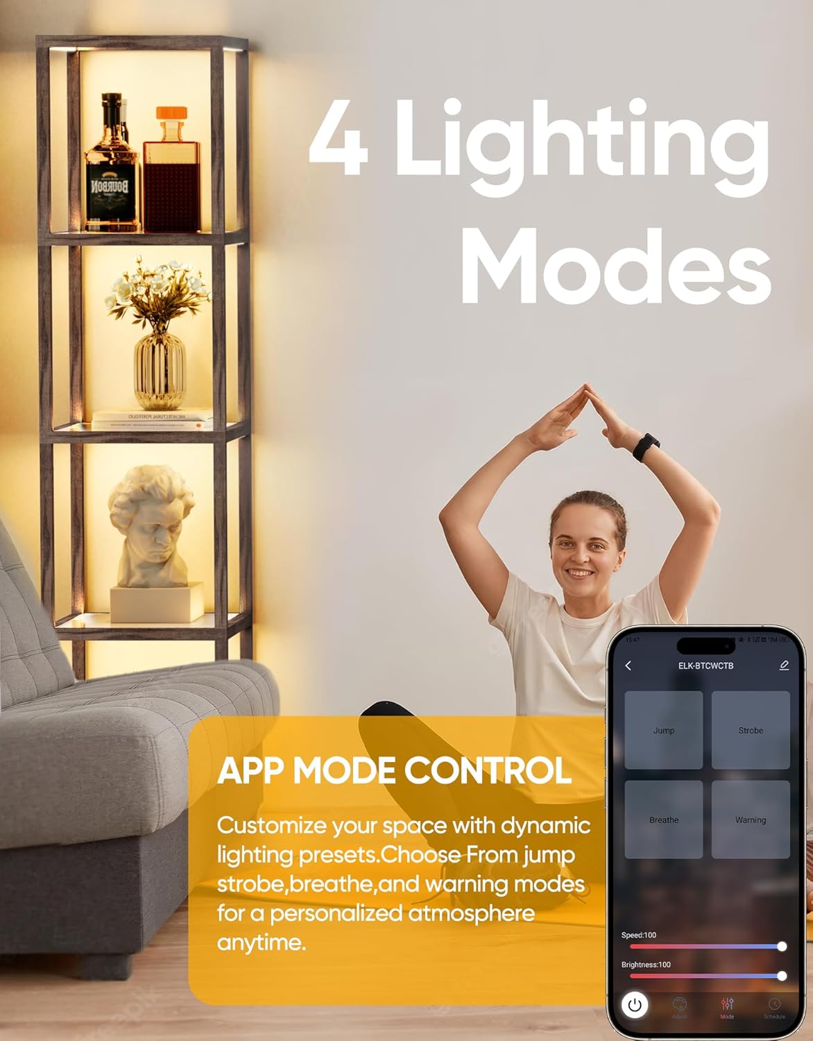 DwellGlow: Large Glass Display Shelf with Remote/APP Control, Dimmable LED Floor Lamp with Shelves, Open Display Cabinet, Color Temperature Control (2700K-6000K), Black