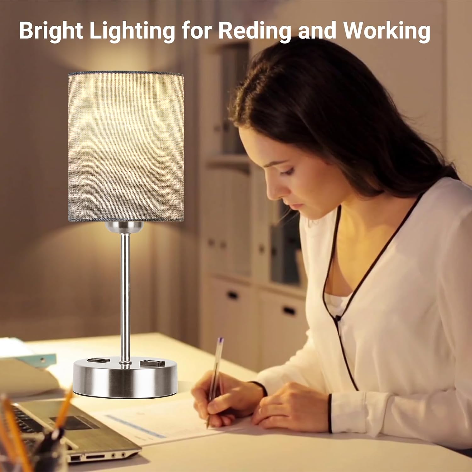 DwellGlow: Touch Table Lamps for Bedroom Set of 2, Bedside Nightstand Lamps with USB Port and Power Outlet, 3 Way Dimmable White Lamp for Living Room Nursery Room, Warm White Bulbs Included