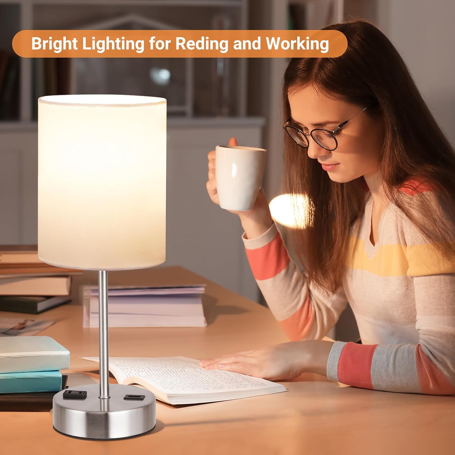 DwellGlow: Touch Table Lamps for Bedroom Set of 2, Bedside Nightstand Lamps with USB Port and Power Outlet, 3 Way Dimmable White Lamp for Living Room Nursery Room, Warm White Bulbs Included