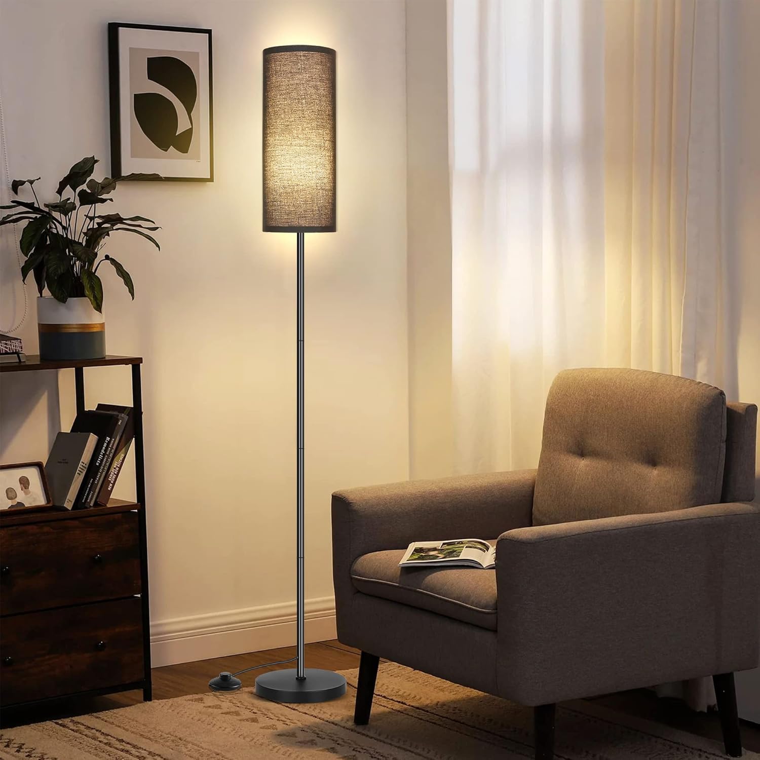DwellGlow: Boho Floor Lamp for Living Room with 3 Color Temperatures LED Bulb, Standing Lamp Tall Lamp Reading for Bedroom, Office, Kids Room (9W LED Bulb, Rattan & Fabric Shades Included)