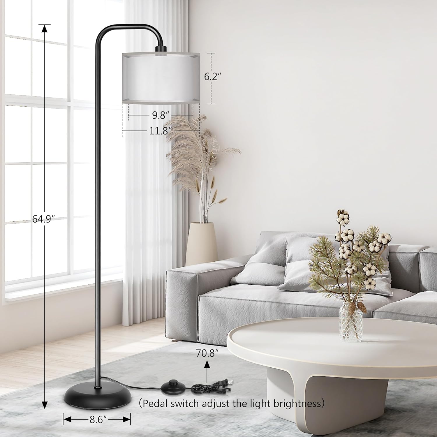 DwellGlow: LED Floor Lamp for Living Room, 3 Color Temperature, with Foot Switch, 9W Bulb Included, Oil Rubbed Bronze