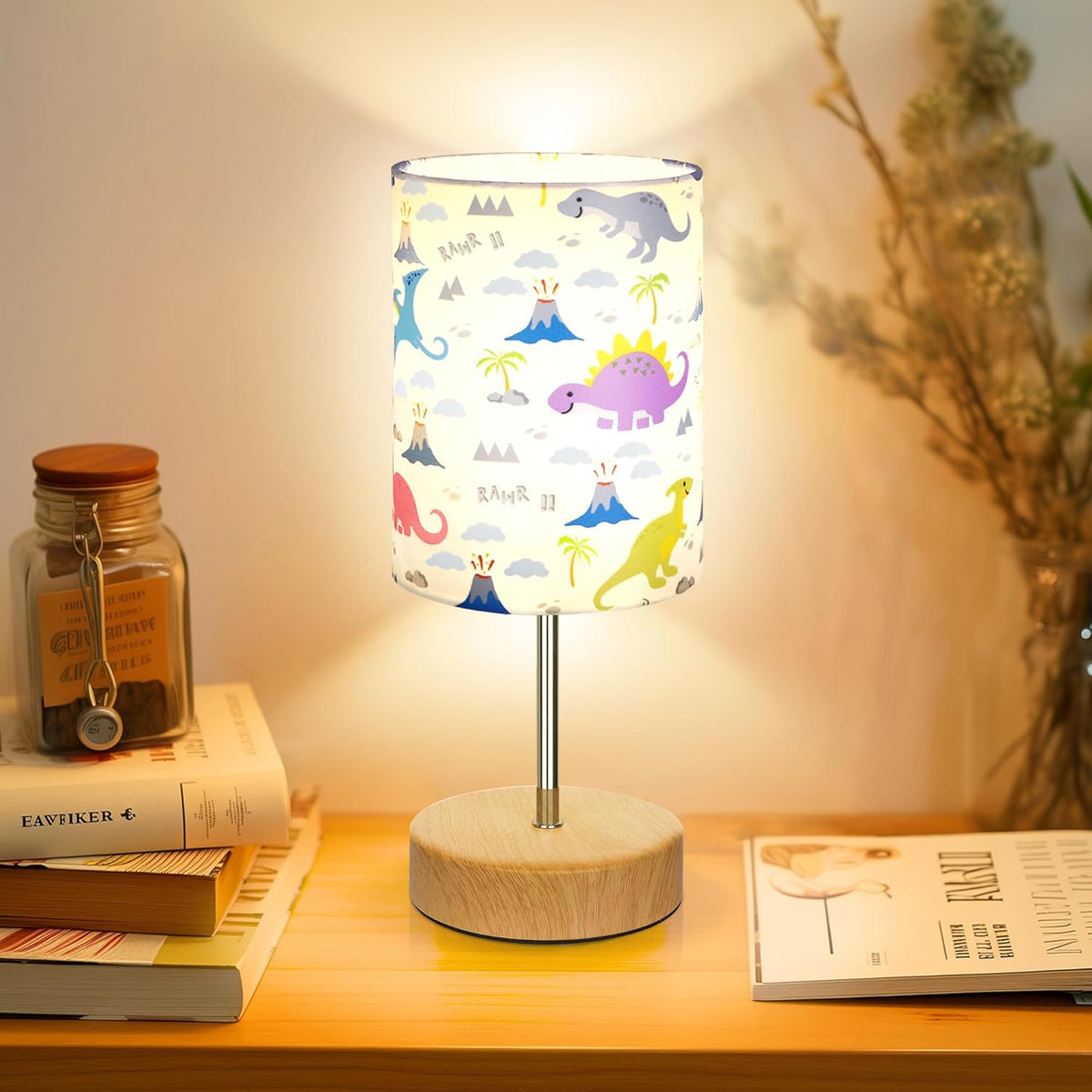 DwellGlow: Bedside Table Lamp for Bedroom with Dinosaur Pattern Printed Shade 3-Way Dimmable Small Touch Lamp with Wood Base for Living Room, Desk, Dorm, Home Office (LED Bulb Included)