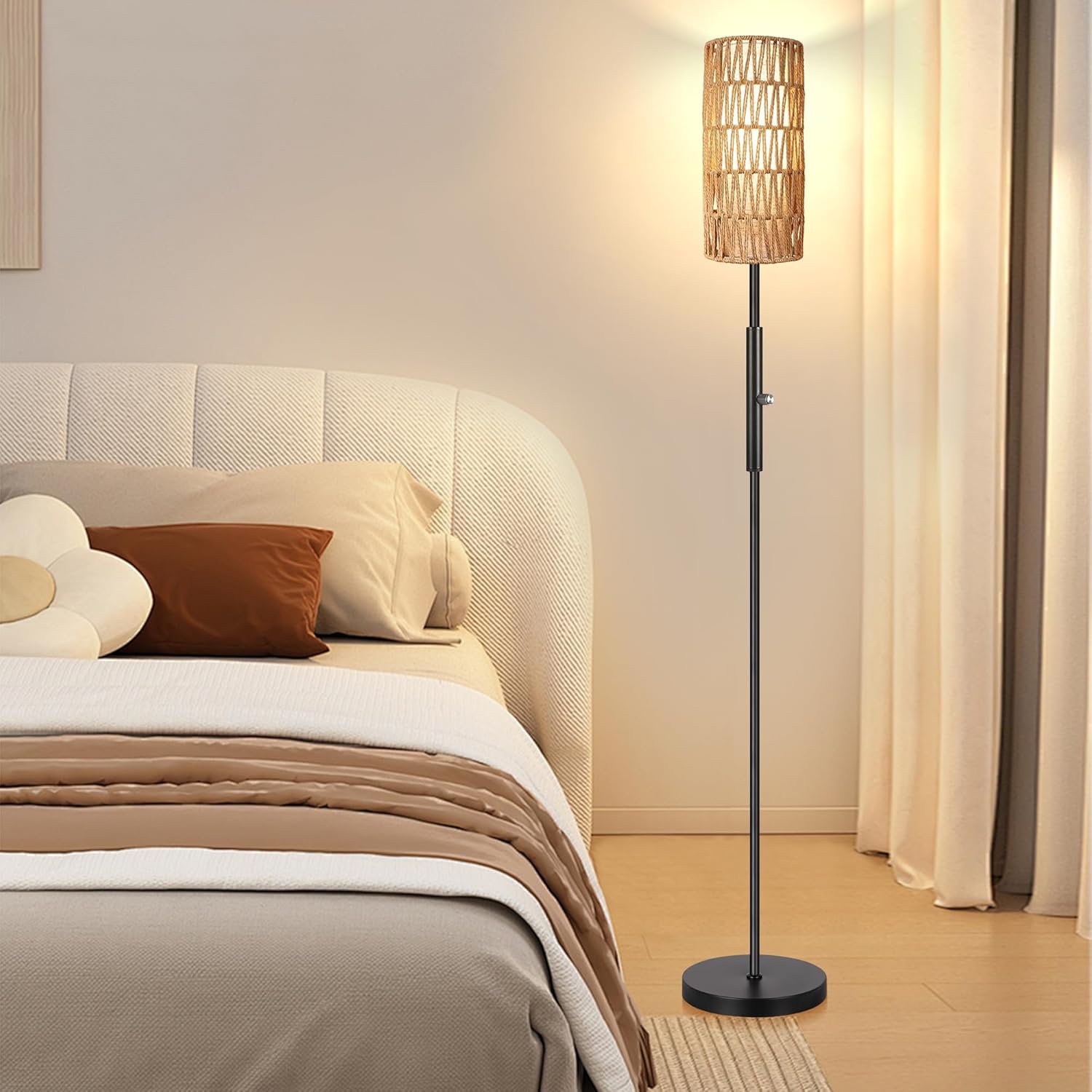 DwellGlow: Boho Floor Lamp for Living Room with 3 Color Temperatures LED Bulb, Standing Lamp Tall Lamp Reading for Bedroom, Office, Kids Room (9W LED Bulb, Rattan & Fabric Shades Included)