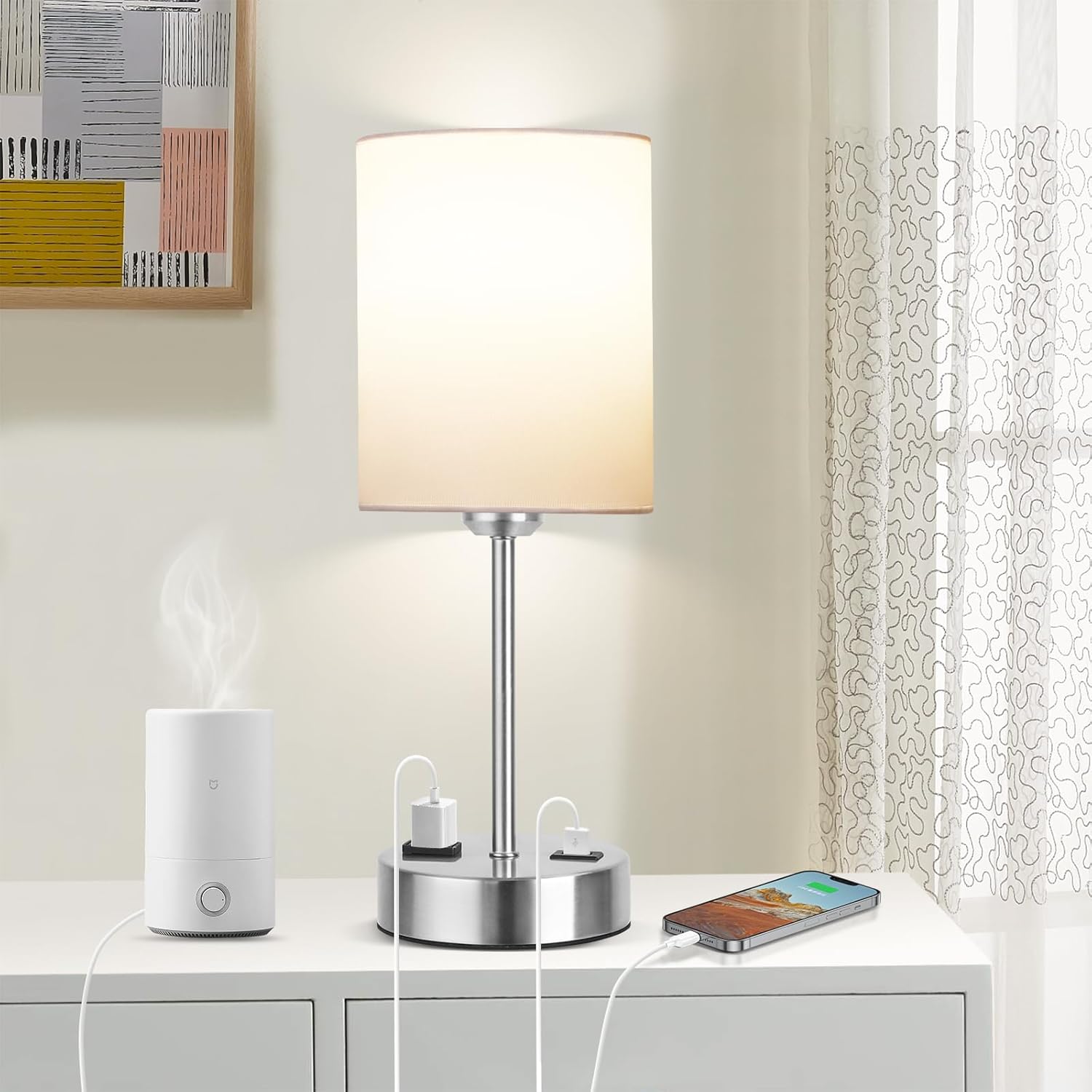 DwellGlow: Touch Table Lamps for Bedroom Set of 2, Bedside Nightstand Lamps with USB Port and Power Outlet, 3 Way Dimmable White Lamp for Living Room Nursery Room, Warm White Bulbs Included