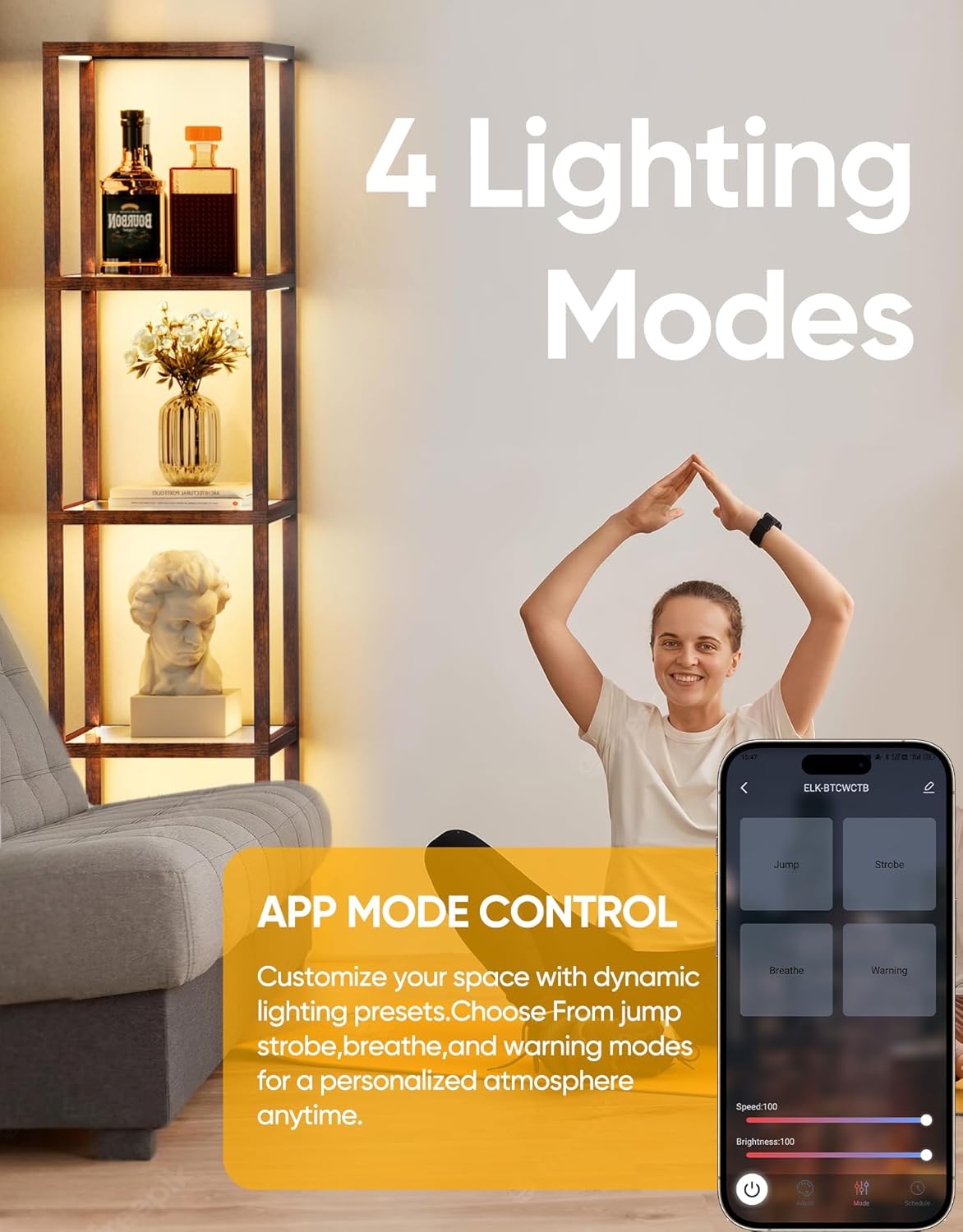 DwellGlow: Large Glass Display Shelf with Remote/APP Control, Dimmable LED Floor Lamp with Shelves, Open Display Cabinet, Color Temperature Control (2700K-6000K), Black