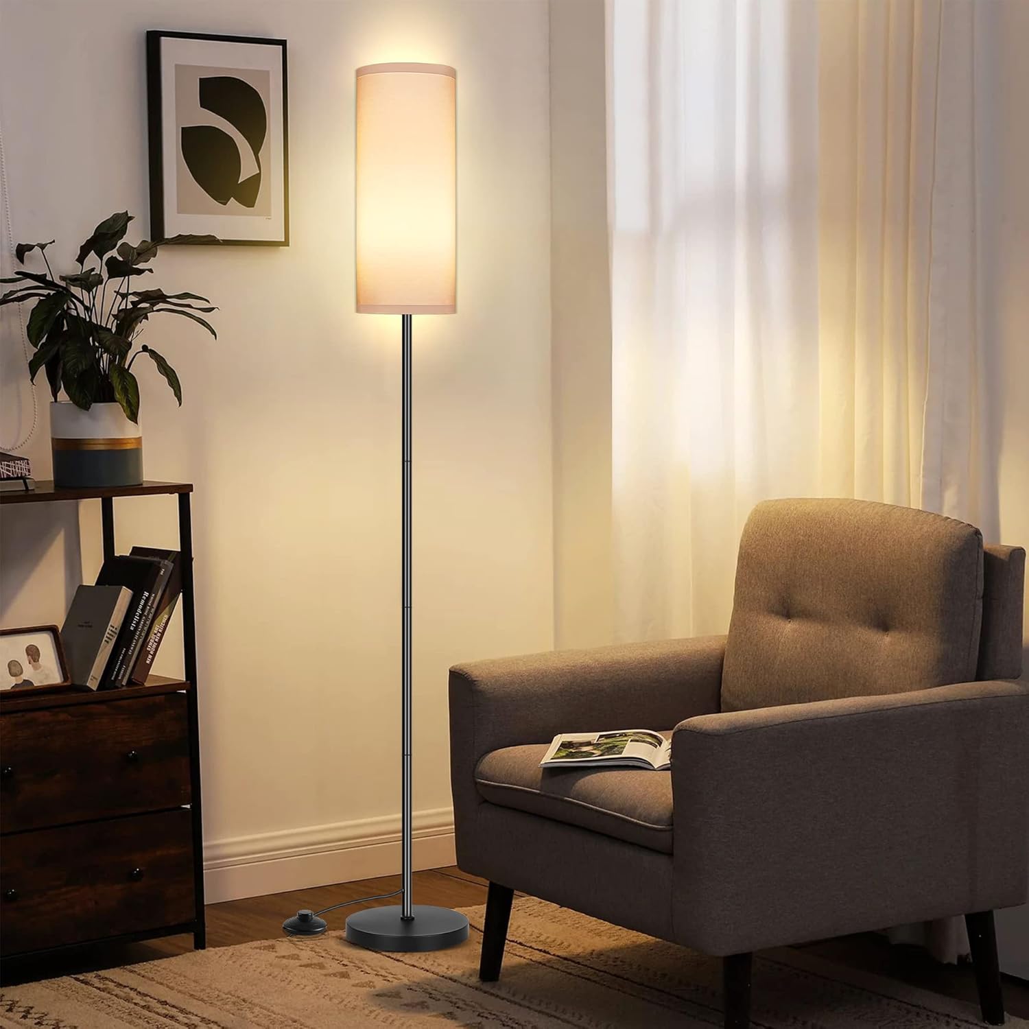 DwellGlow: Boho Floor Lamp for Living Room with 3 Color Temperatures LED Bulb, Standing Lamp Tall Lamp Reading for Bedroom, Office, Kids Room (9W LED Bulb, Rattan & Fabric Shades Included)
