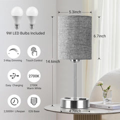 DwellGlow: Touch Table Lamps for Bedroom Set of 2, Bedside Nightstand Lamps with USB Port and Power Outlet, 3 Way Dimmable White Lamp for Living Room Nursery Room, Warm White Bulbs Included