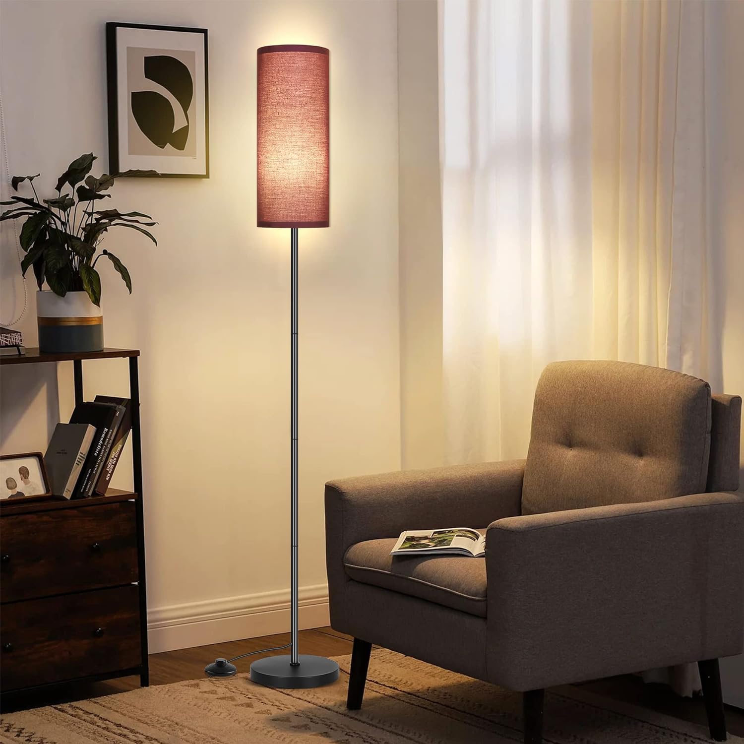 DwellGlow: Boho Floor Lamp for Living Room with 3 Color Temperatures LED Bulb, Standing Lamp Tall Lamp Reading for Bedroom, Office, Kids Room (9W LED Bulb, Rattan & Fabric Shades Included)