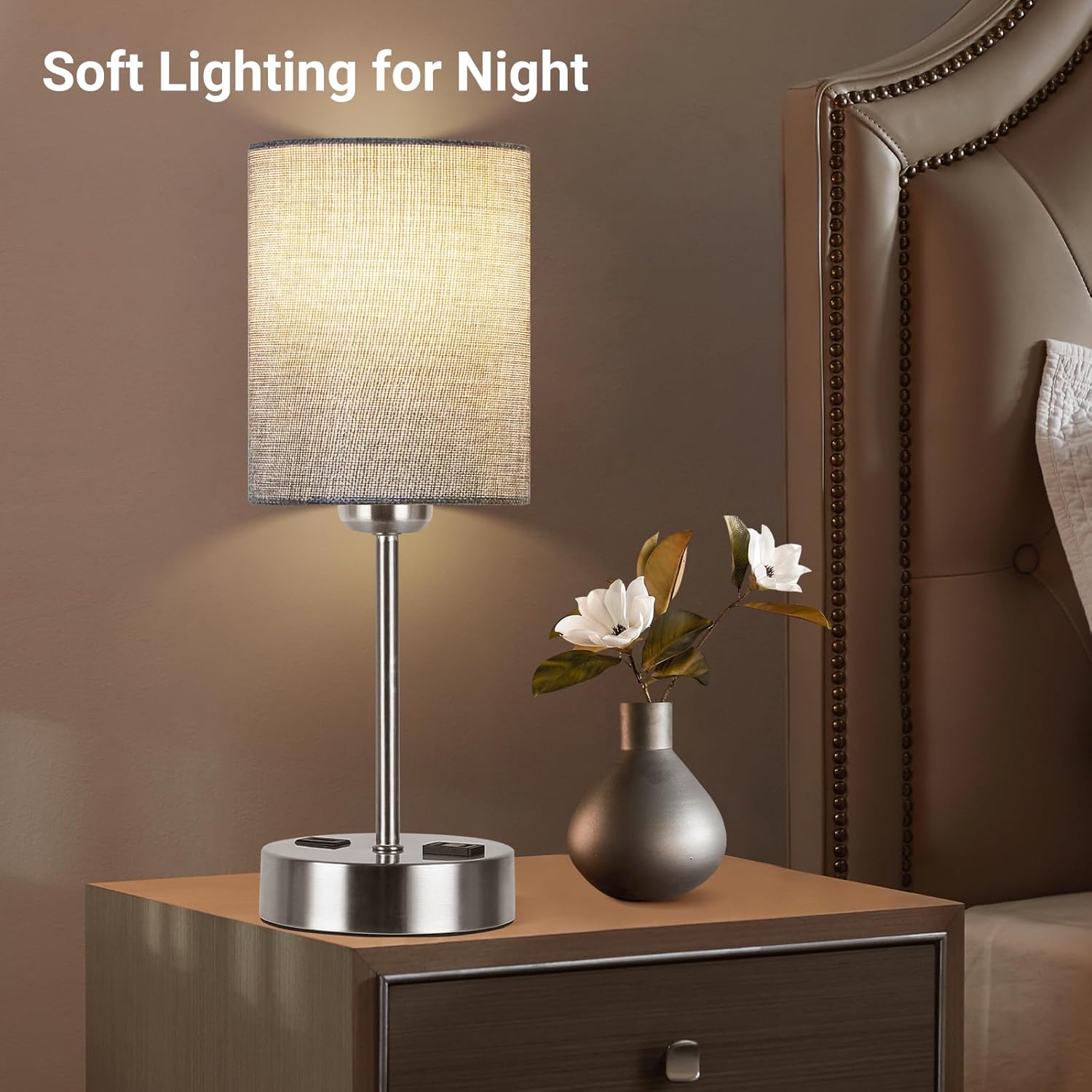 DwellGlow: Touch Table Lamps for Bedroom Set of 2, Bedside Nightstand Lamps with USB Port and Power Outlet, 3 Way Dimmable White Lamp for Living Room Nursery Room, Warm White Bulbs Included