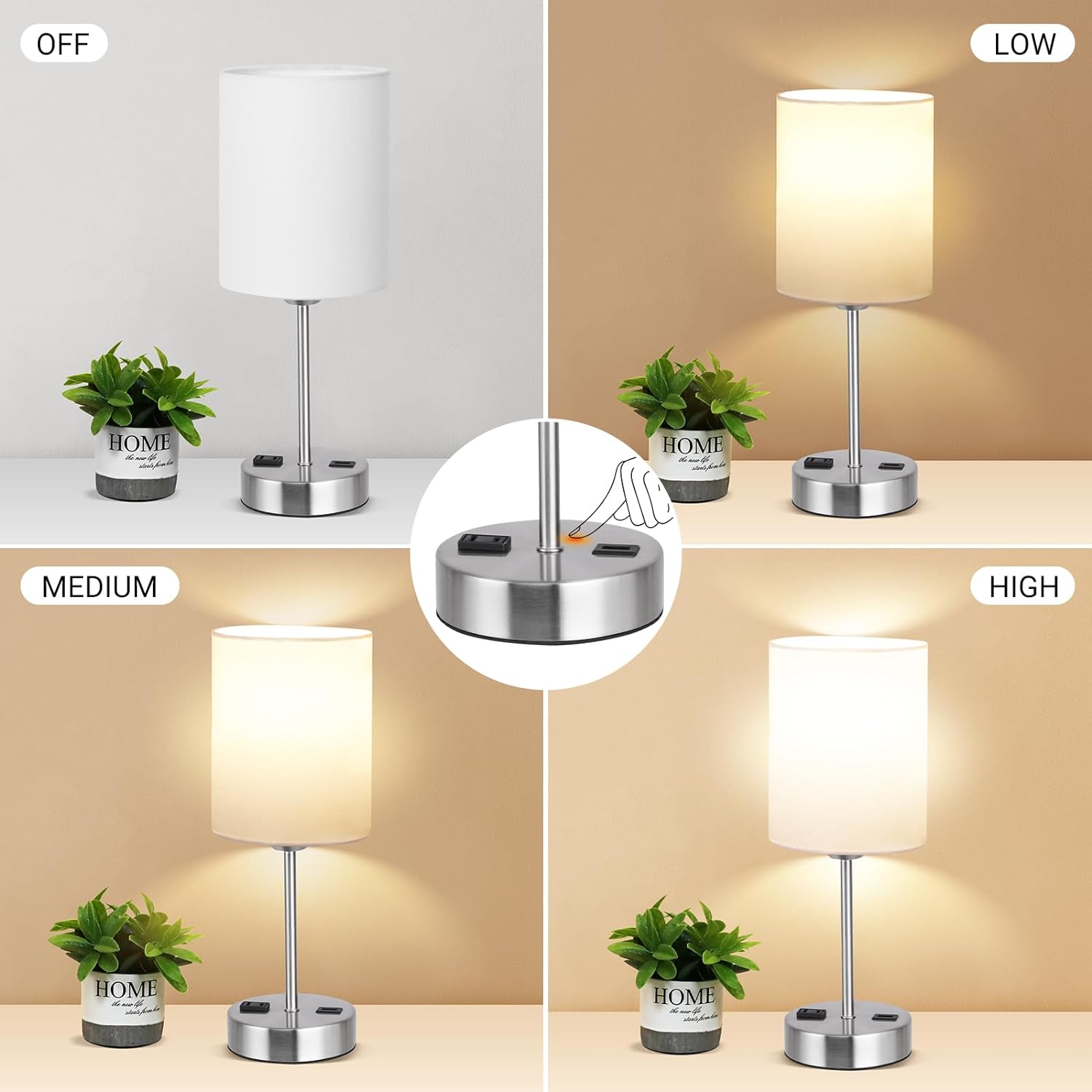 DwellGlow: Touch Table Lamps for Bedroom Set of 2, Bedside Nightstand Lamps with USB Port and Power Outlet, 3 Way Dimmable White Lamp for Living Room Nursery Room, Warm White Bulbs Included