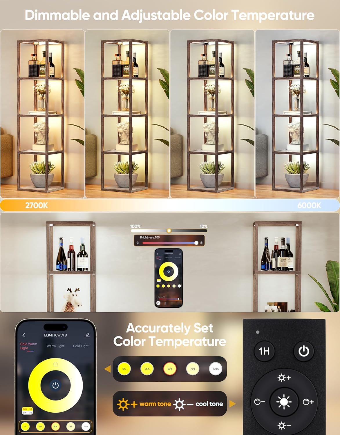 DwellGlow: Large Glass Display Shelf with Remote/APP Control, Dimmable LED Floor Lamp with Shelves, Open Display Cabinet, Color Temperature Control (2700K-6000K), Black