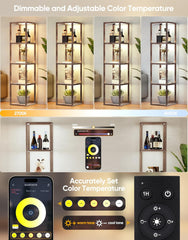DwellGlow: Large Glass Display Shelf with Remote/APP Control, Dimmable LED Floor Lamp with Shelves, Open Display Cabinet, Color Temperature Control (2700K-6000K), Black