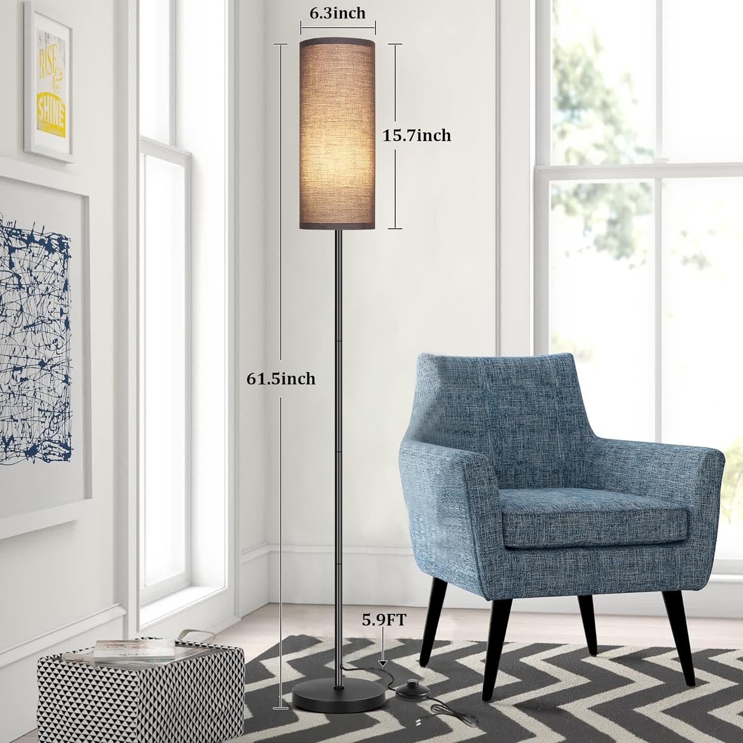 DwellGlow: Boho Floor Lamp for Living Room with 3 Color Temperatures LED Bulb, Standing Lamp Tall Lamp Reading for Bedroom, Office, Kids Room (9W LED Bulb, Rattan & Fabric Shades Included)