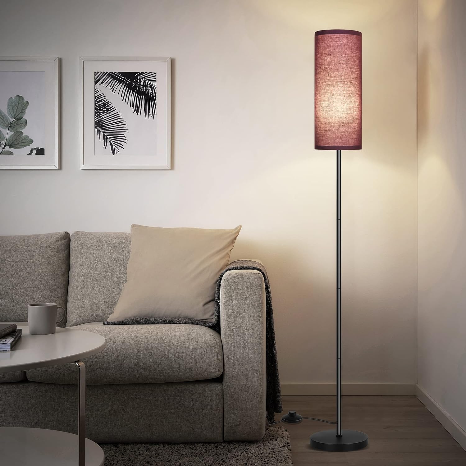 DwellGlow: Boho Floor Lamp for Living Room with 3 Color Temperatures LED Bulb, Standing Lamp Tall Lamp Reading for Bedroom, Office, Kids Room (9W LED Bulb, Rattan & Fabric Shades Included)
