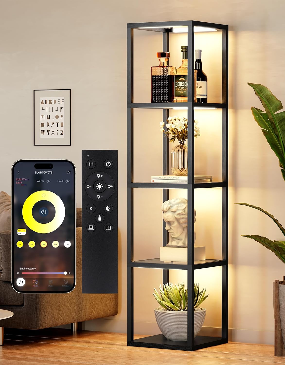 DwellGlow: Large Glass Display Shelf with Remote/APP Control, Dimmable LED Floor Lamp with Shelves, Open Display Cabinet, Color Temperature Control (2700K-6000K), Black