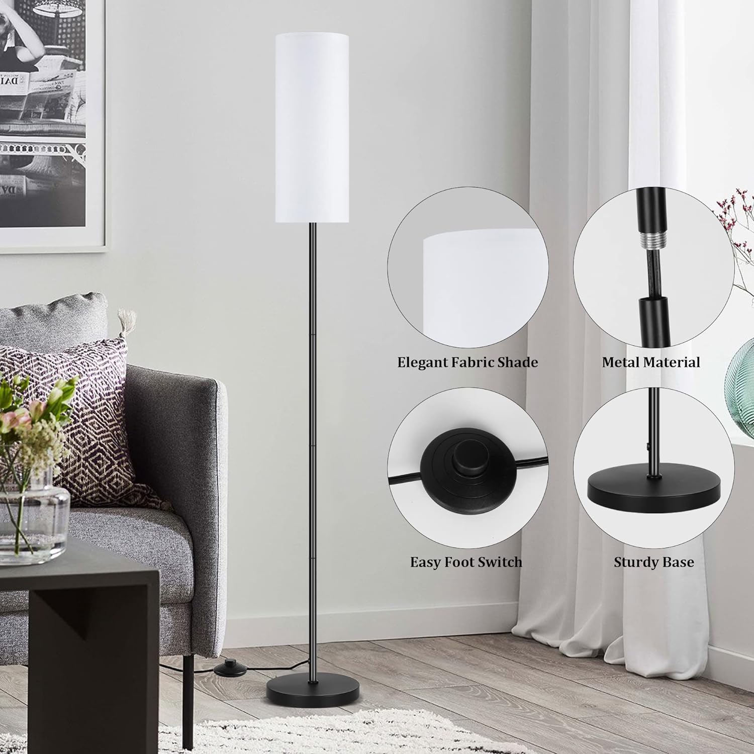 DwellGlow: Boho Floor Lamp for Living Room with 3 Color Temperatures LED Bulb, Standing Lamp Tall Lamp Reading for Bedroom, Office, Kids Room (9W LED Bulb, Rattan & Fabric Shades Included)