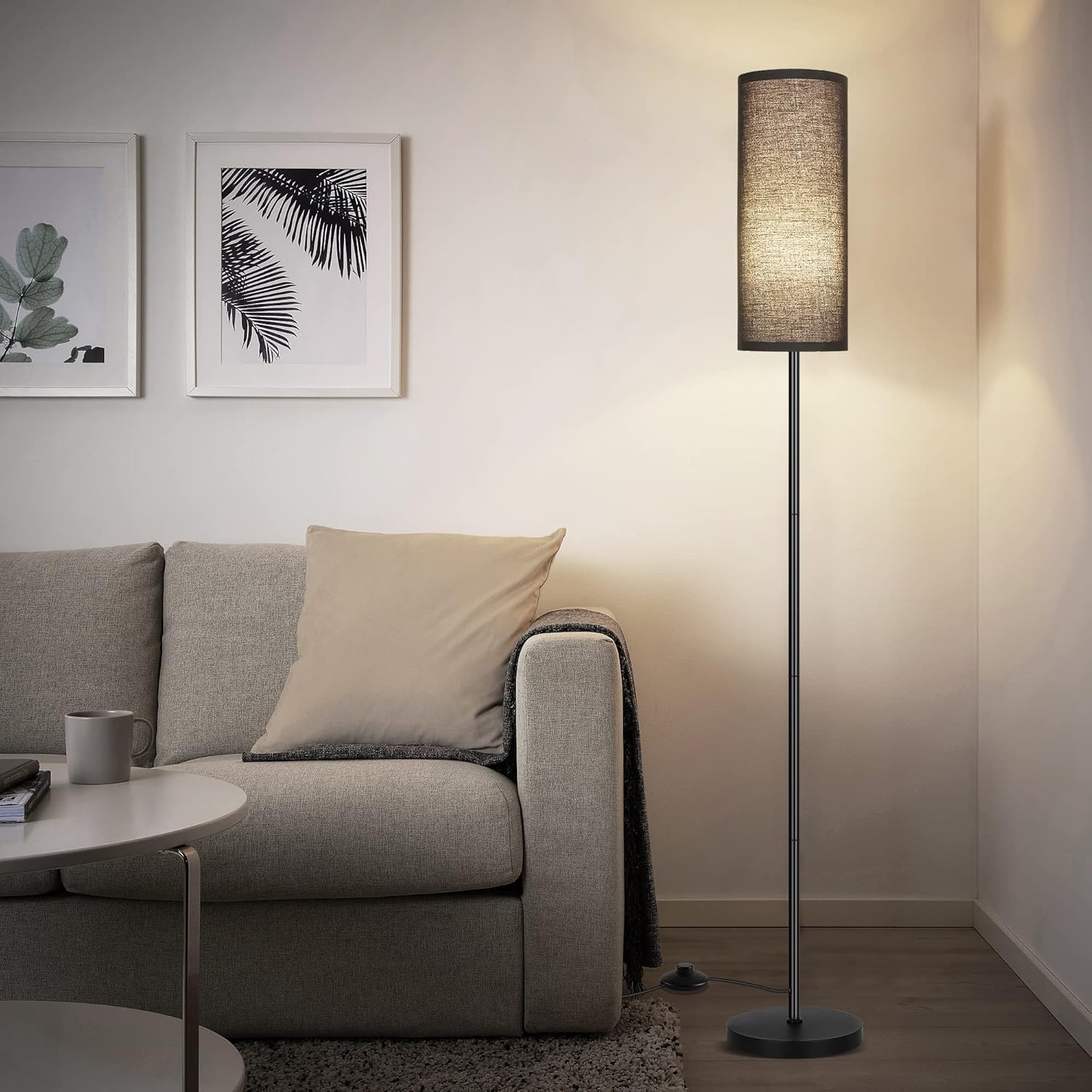 DwellGlow: Boho Floor Lamp for Living Room with 3 Color Temperatures LED Bulb, Standing Lamp Tall Lamp Reading for Bedroom, Office, Kids Room (9W LED Bulb, Rattan & Fabric Shades Included)