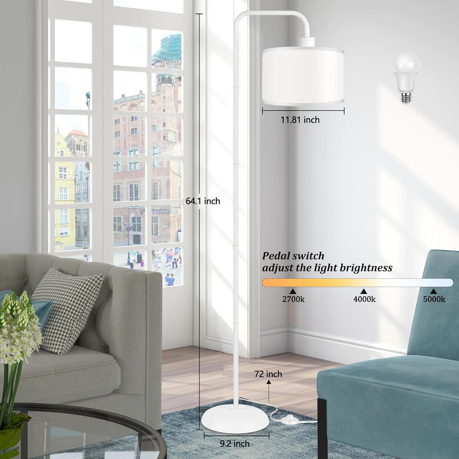DwellGlow: LED Floor Lamp for Living Room, 3 Color Temperature, with Foot Switch, 9W Bulb Included, Oil Rubbed Bronze