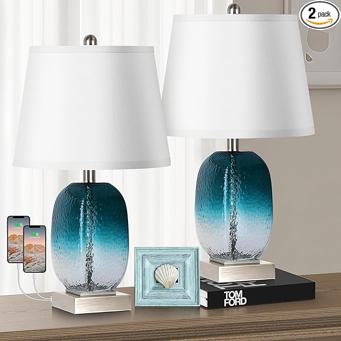 DwellGlow: Table Lamp Set of 2 Touch Control, Modern Coastal Teal Glass Bedside Lamp with 2 USB Ports, 3-Way Dimmable Beach Nightstand Lamps with White Fabric Shade for Living Room, Bedroom (LED Bulbs Included)