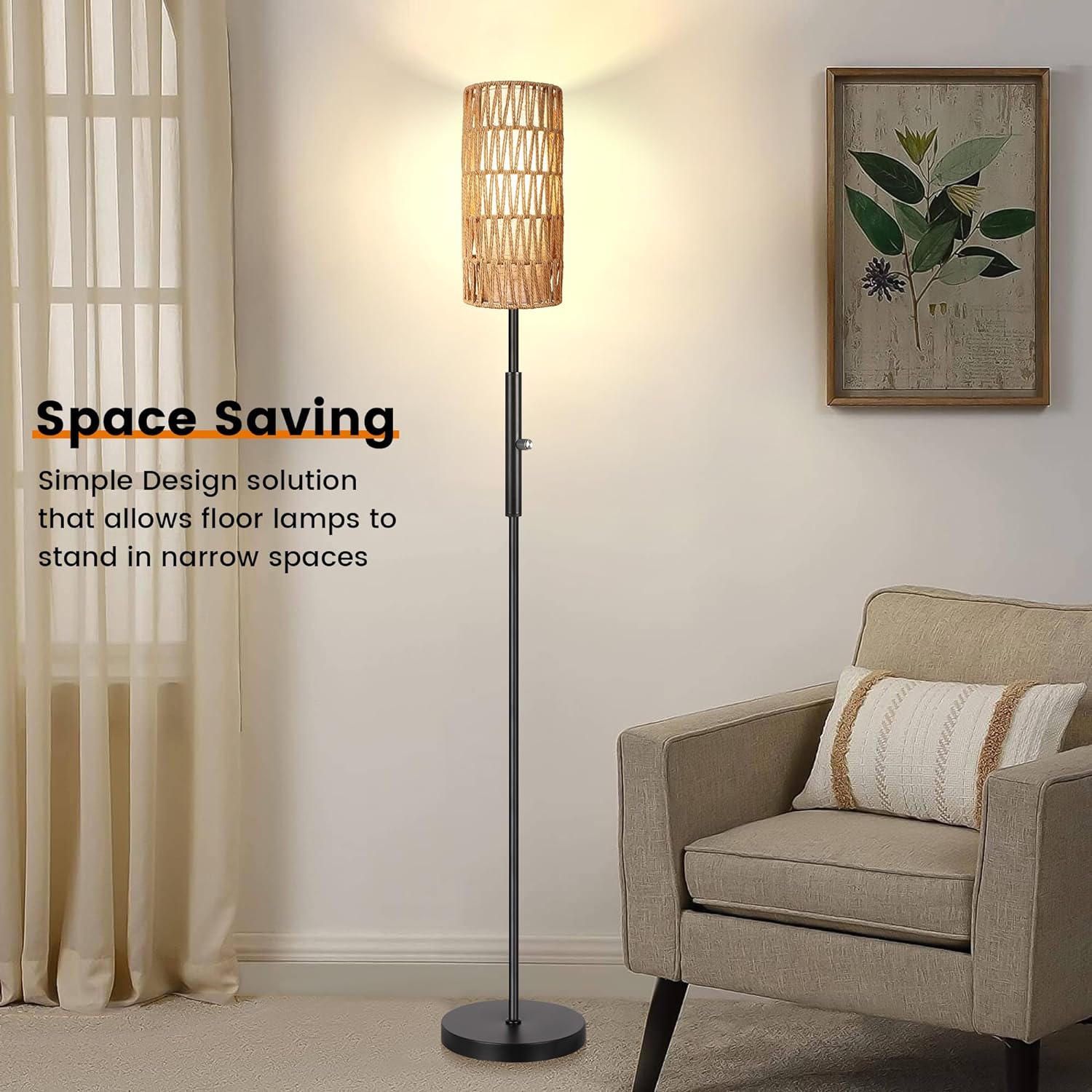 DwellGlow: Boho Floor Lamp for Living Room with 3 Color Temperatures LED Bulb, Standing Lamp Tall Lamp Reading for Bedroom, Office, Kids Room (9W LED Bulb, Rattan & Fabric Shades Included)