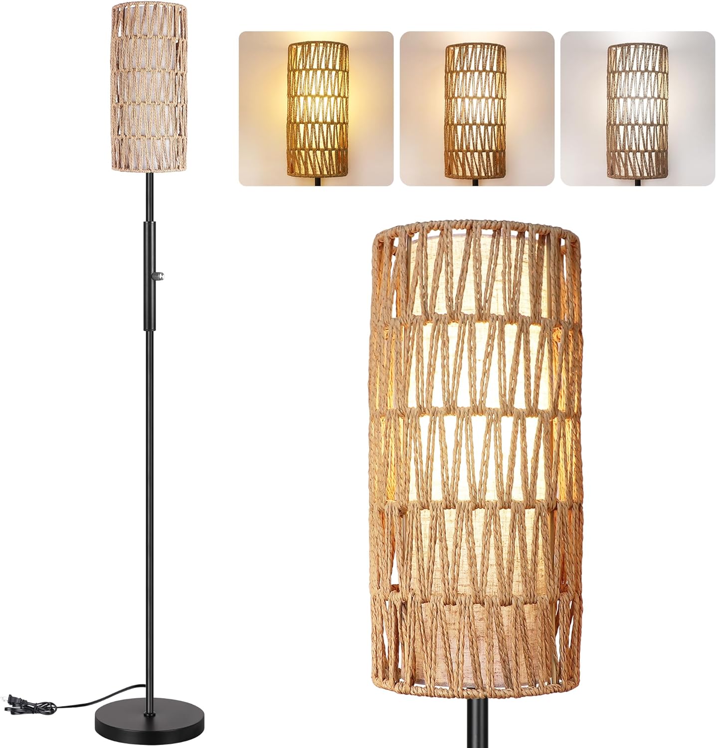 DwellGlow: Boho Floor Lamp for Living Room with 3 Color Temperatures LED Bulb, Standing Lamp Tall Lamp Reading for Bedroom, Office, Kids Room (9W LED Bulb, Rattan & Fabric Shades Included)