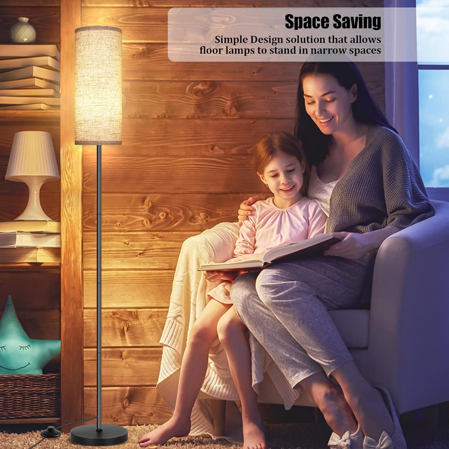 DwellGlow: Boho Floor Lamp for Living Room with 3 Color Temperatures LED Bulb, Standing Lamp Tall Lamp Reading for Bedroom, Office, Kids Room (9W LED Bulb, Rattan & Fabric Shades Included)