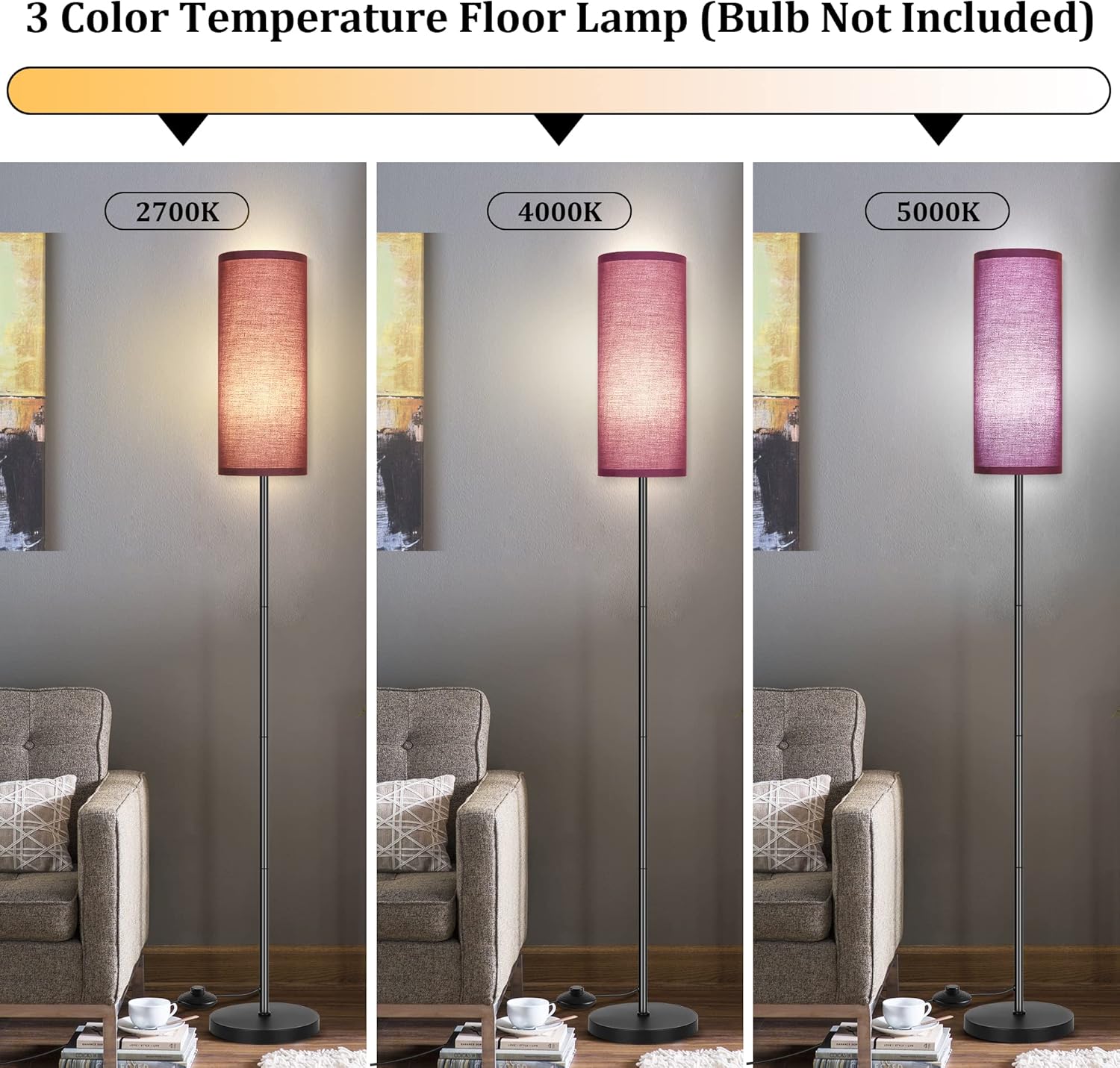 DwellGlow: Boho Floor Lamp for Living Room with 3 Color Temperatures LED Bulb, Standing Lamp Tall Lamp Reading for Bedroom, Office, Kids Room (9W LED Bulb, Rattan & Fabric Shades Included)
