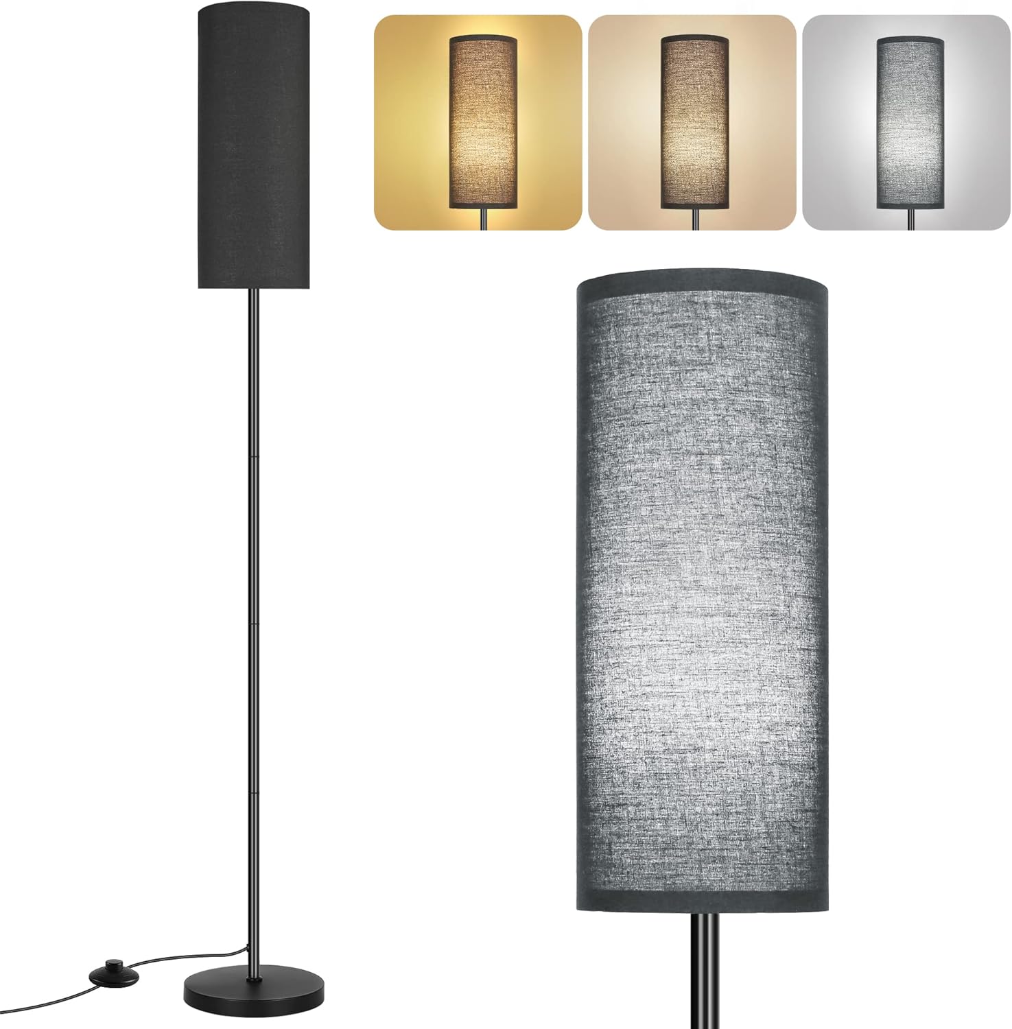DwellGlow: Boho Floor Lamp for Living Room with 3 Color Temperatures LED Bulb, Standing Lamp Tall Lamp Reading for Bedroom, Office, Kids Room (9W LED Bulb, Rattan & Fabric Shades Included)
