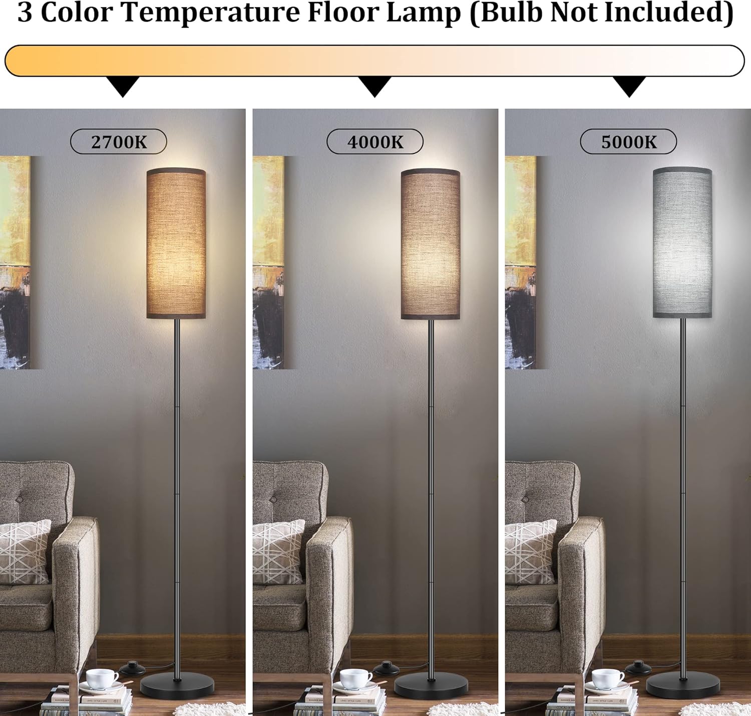 DwellGlow: Boho Floor Lamp for Living Room with 3 Color Temperatures LED Bulb, Standing Lamp Tall Lamp Reading for Bedroom, Office, Kids Room (9W LED Bulb, Rattan & Fabric Shades Included)