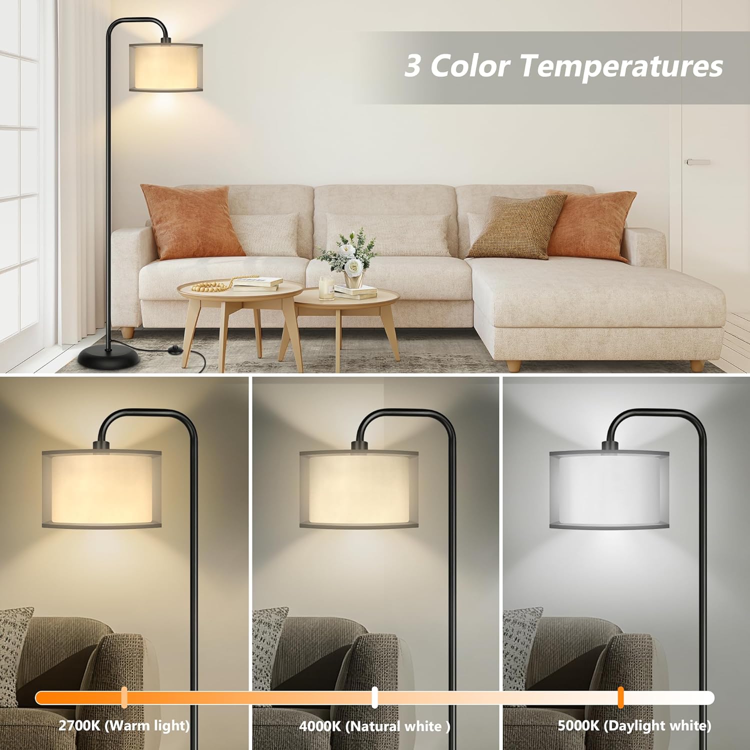 DwellGlow: LED Floor Lamp for Living Room, 3 Color Temperature, with Foot Switch, 9W Bulb Included, Oil Rubbed Bronze