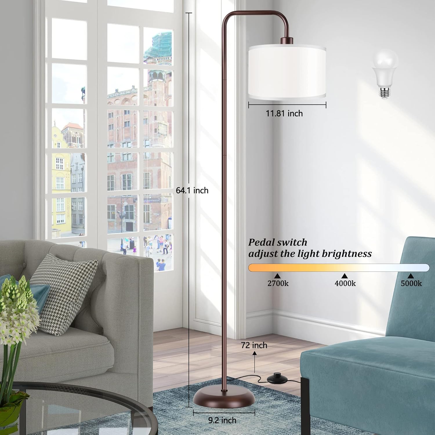 DwellGlow: LED Floor Lamp for Living Room, 3 Color Temperature, with Foot Switch, 9W Bulb Included, Oil Rubbed Bronze