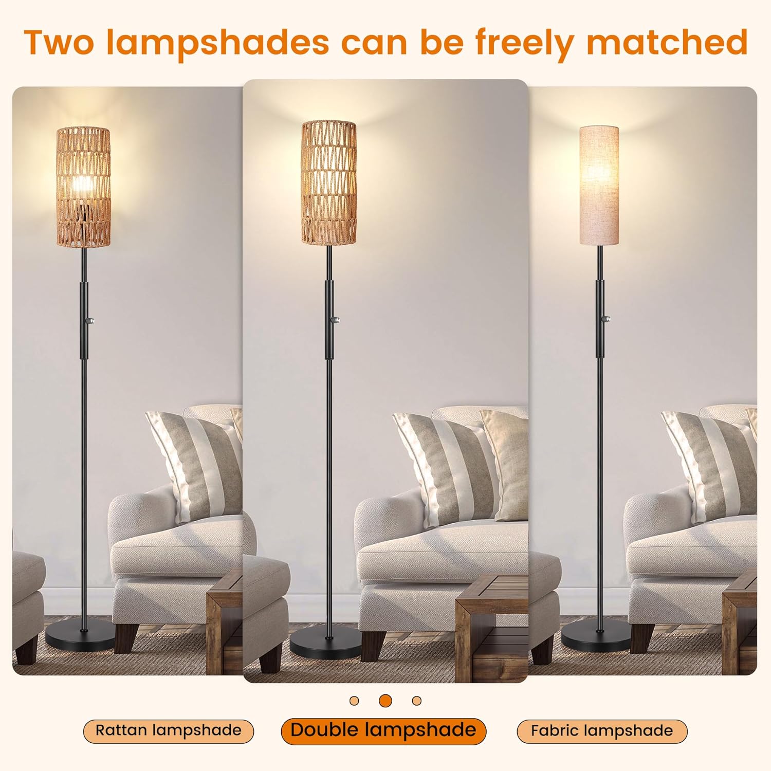 DwellGlow: Boho Floor Lamp for Living Room with 3 Color Temperatures LED Bulb, Standing Lamp Tall Lamp Reading for Bedroom, Office, Kids Room (9W LED Bulb, Rattan & Fabric Shades Included)
