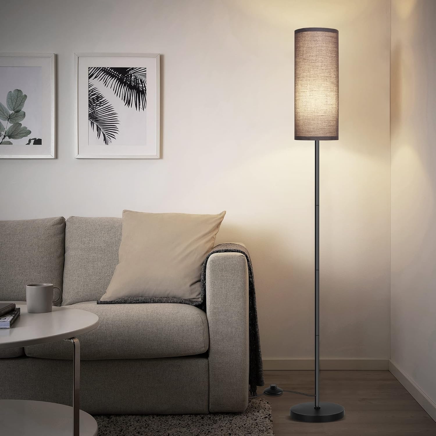 DwellGlow: Boho Floor Lamp for Living Room with 3 Color Temperatures LED Bulb, Standing Lamp Tall Lamp Reading for Bedroom, Office, Kids Room (9W LED Bulb, Rattan & Fabric Shades Included)
