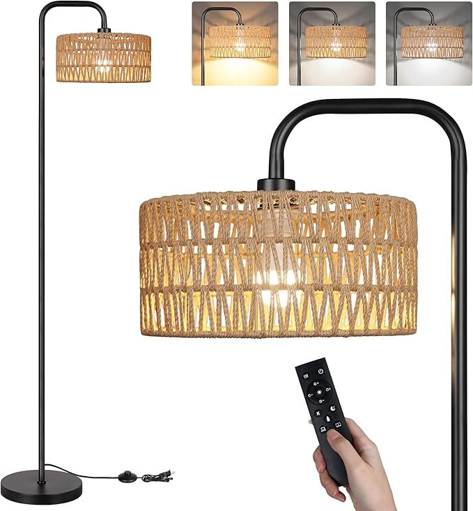 DwellGlow: Farmhouse Floor Lamp, 68''Tall Lamp for Living Room with Remote 3 Color Temperatures Boho Standing Lamp with Rattan Shades for Bedroom Study Room Office Hotel, Bulb Include