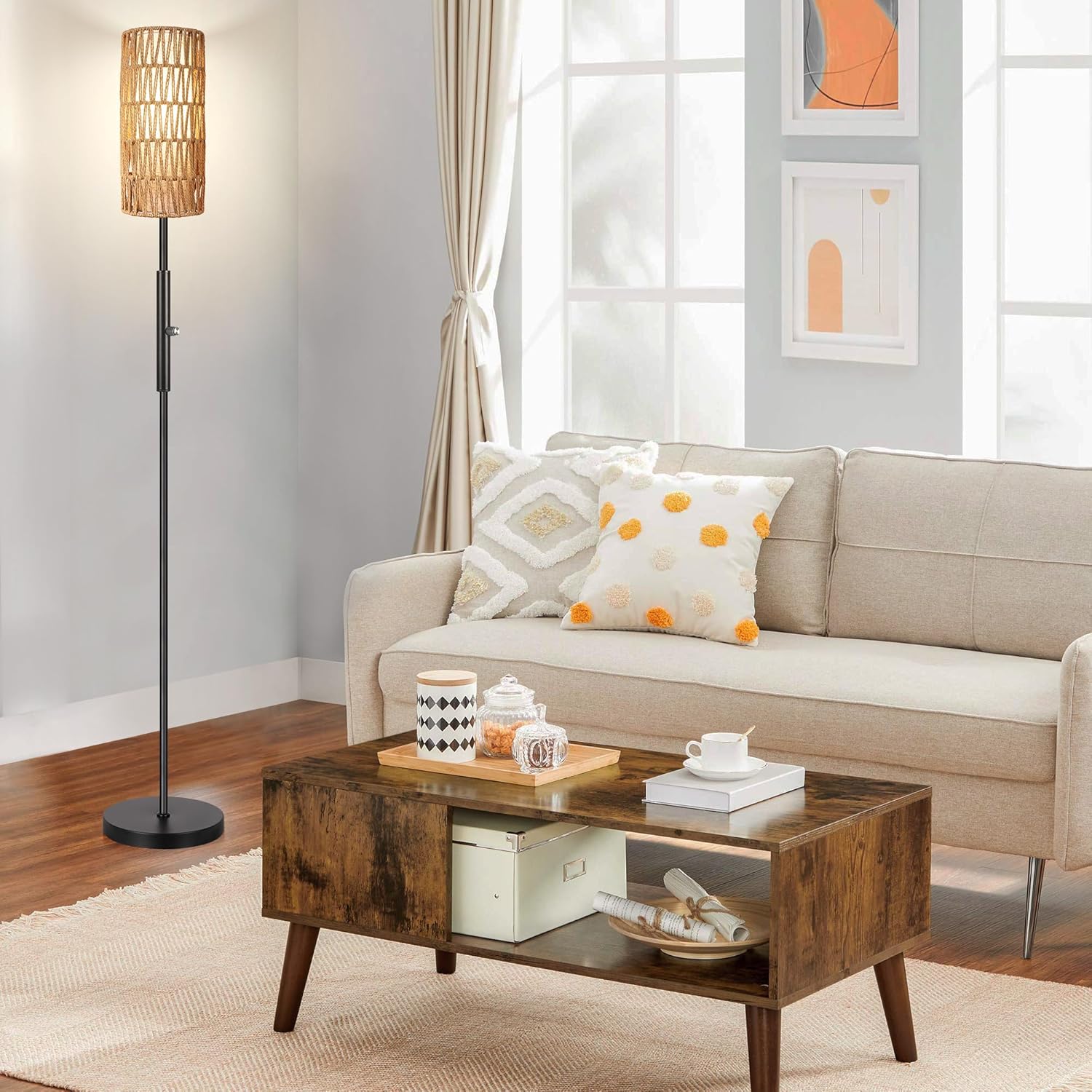 DwellGlow: Boho Floor Lamp for Living Room with 3 Color Temperatures LED Bulb, Standing Lamp Tall Lamp Reading for Bedroom, Office, Kids Room (9W LED Bulb, Rattan & Fabric Shades Included)